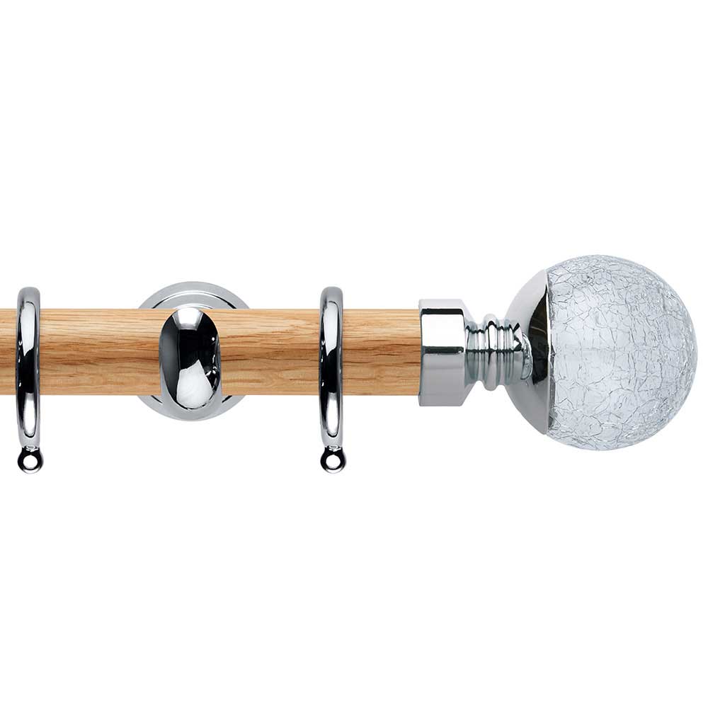 Hallis Neo Oak Crackled Glass Chrome Curtain Pole Set in Solid Oak