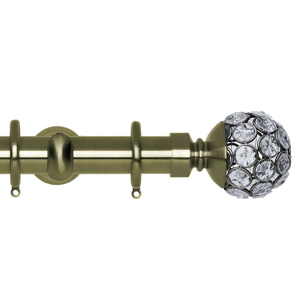 Hallis Neo Style Jewelled Ball 3-Sided Bay Window Curtain Pole Set in Spun Brass