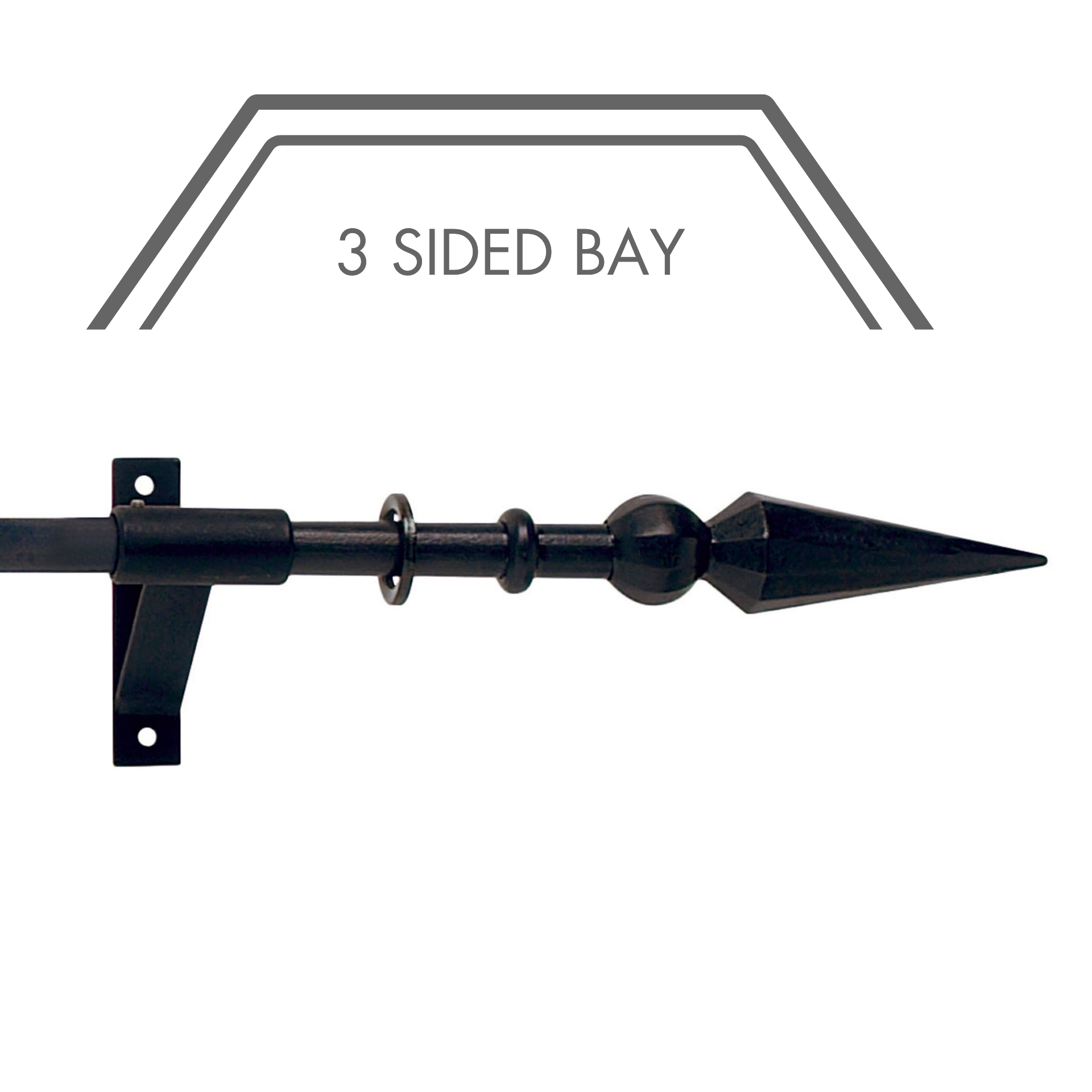 Hallis Artisan Ball & Spear Wrought Iron 3-Sided Bay Window Curtain Pole Set in Black