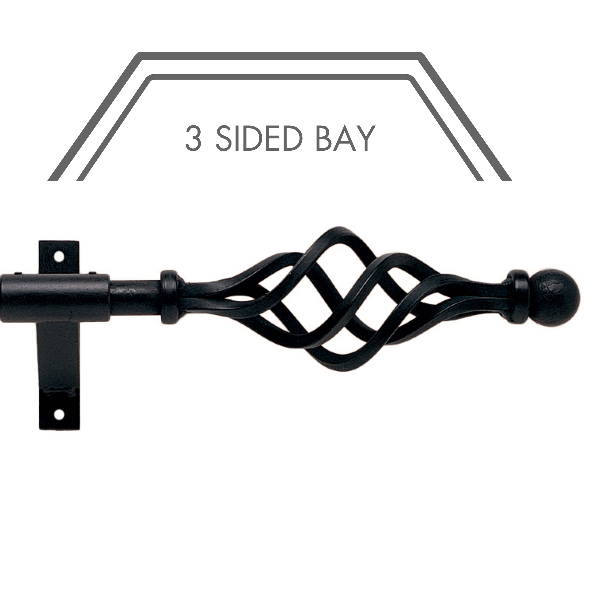 Hallis Artisan Cage Wrought Iron 3-Sided Bay Window Curtain Pole Set in Black