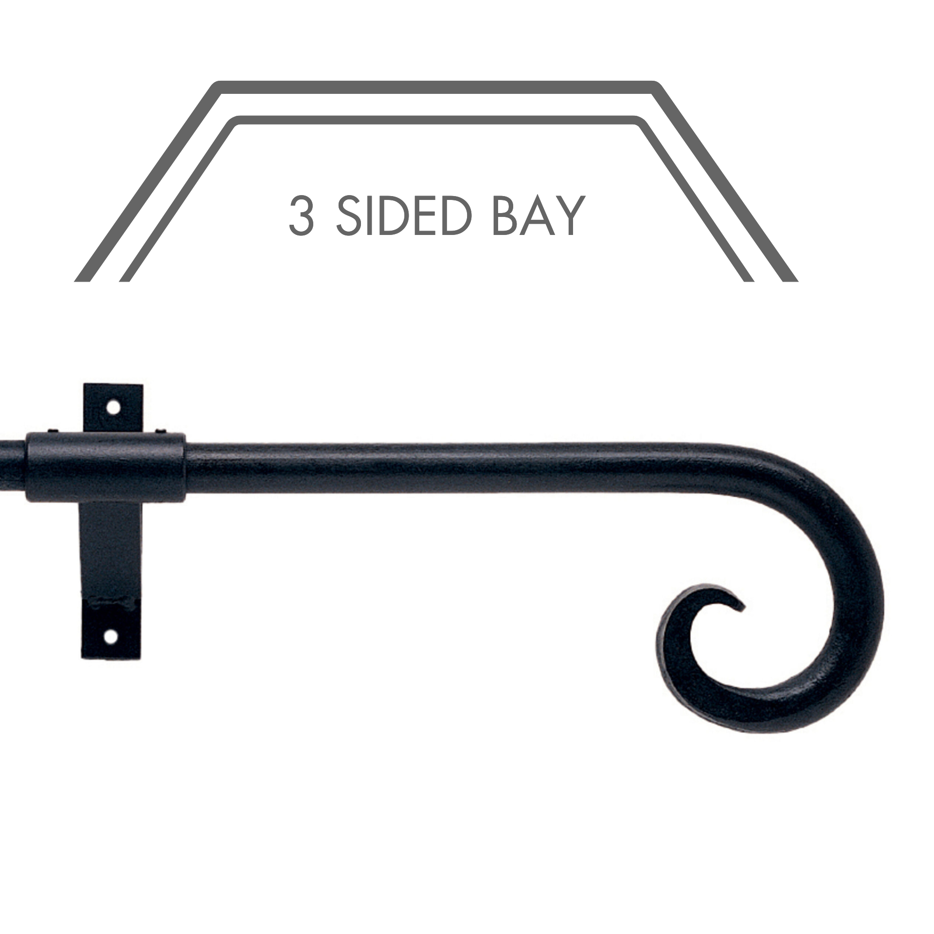 Hallis Artisan Curl Wrought Iron 3-Sided Bay Window Curtain Pole Set in Black
