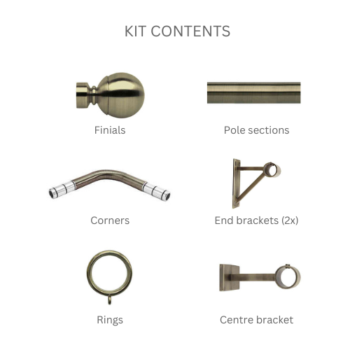 Hallis Neo Spun Brass Bullet 3-Sided Bay Window Curtain Pole Set