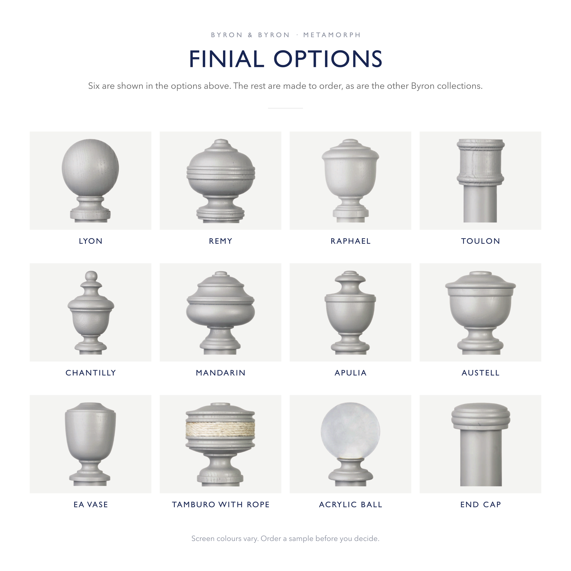 Byron &amp; Byron Rustica finial options including Lyon, Remy, Raphael, Toulon, Chantilly and End Cap