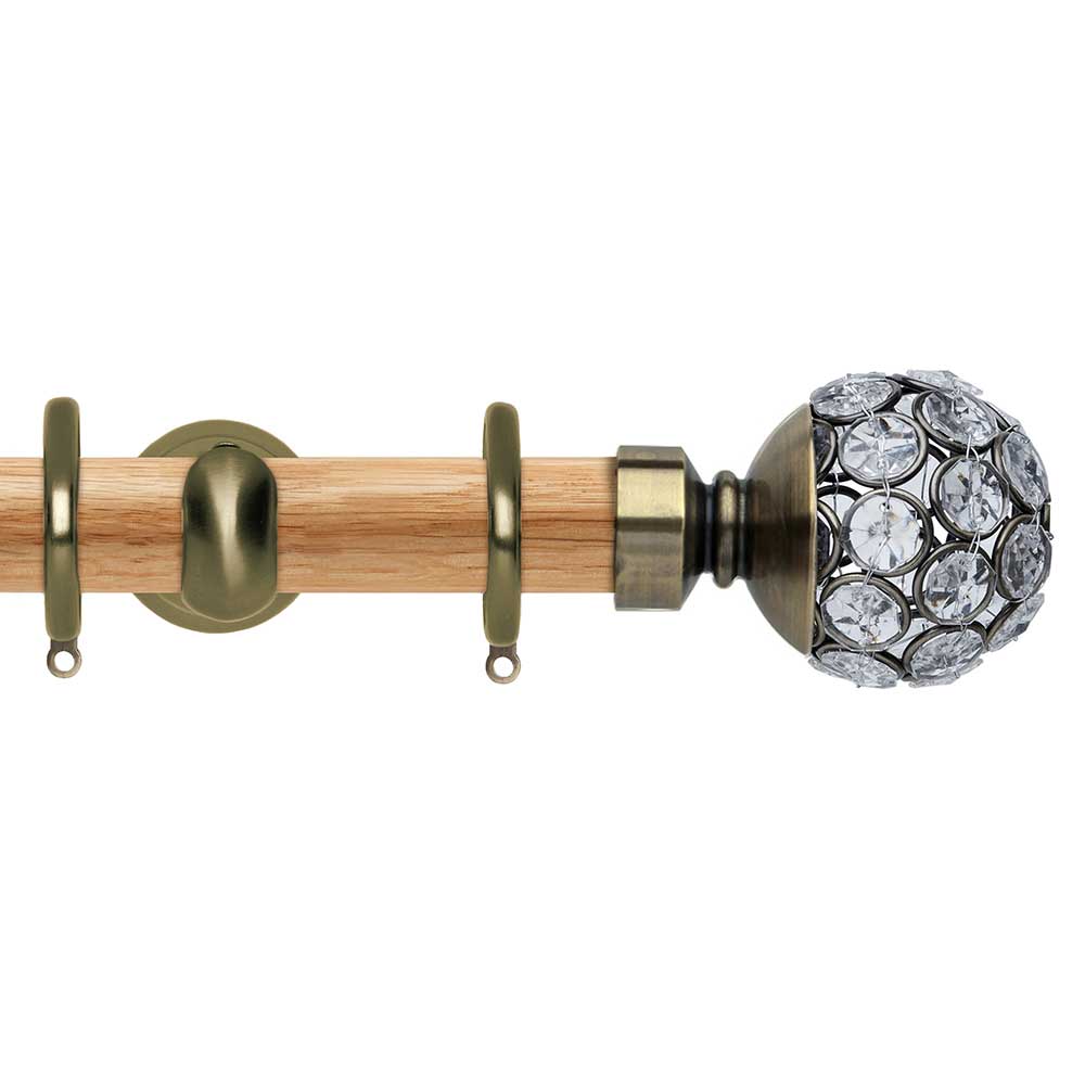 Hallis Neo Oak Jewelled Ball Spun Brass Curtain Pole Set in Solid Oak
