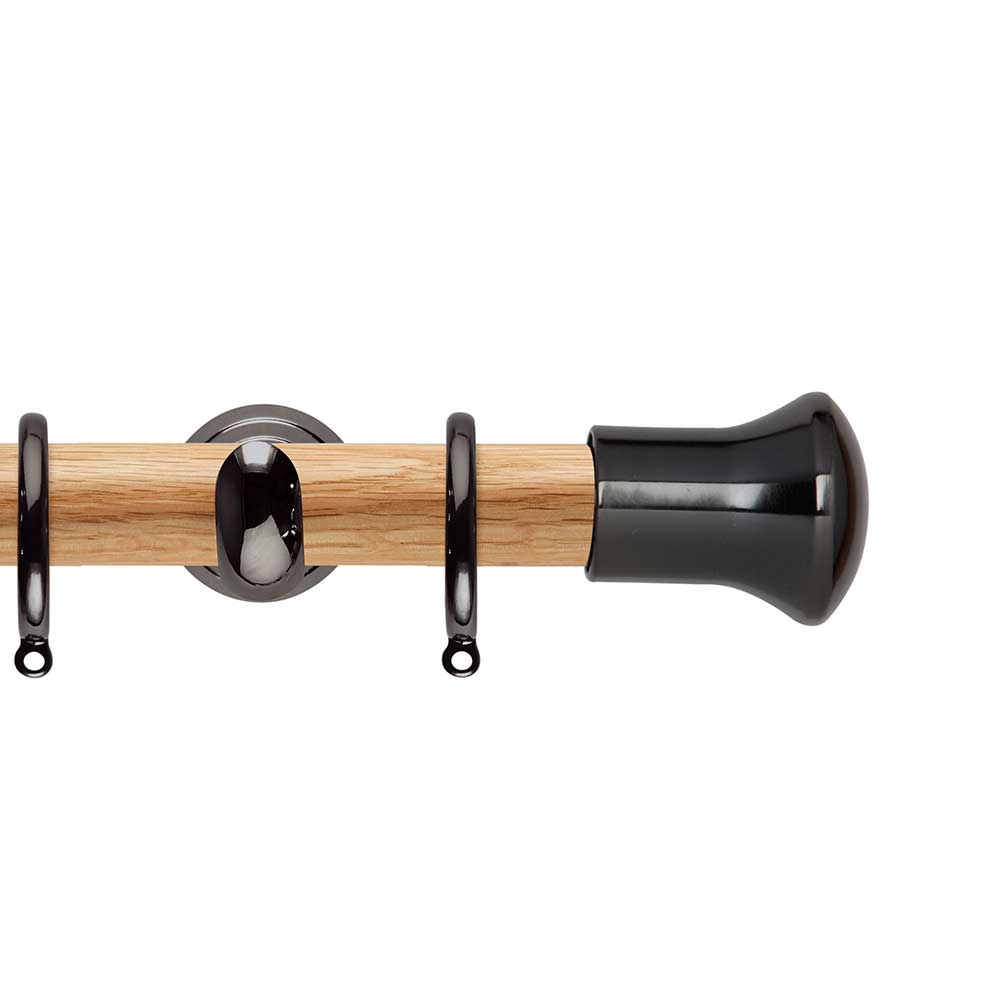 Hallis Neo Oak Trumpet Black Nickel Curtain Pole Set in Solid Oak