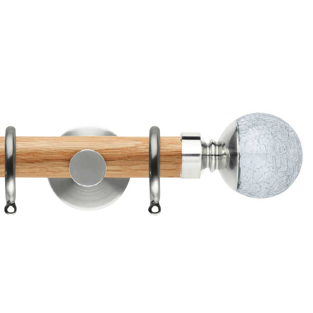 Hallis Neo Oak Crackled Glass St/Steel Curtain Pole Set in Solid Oak