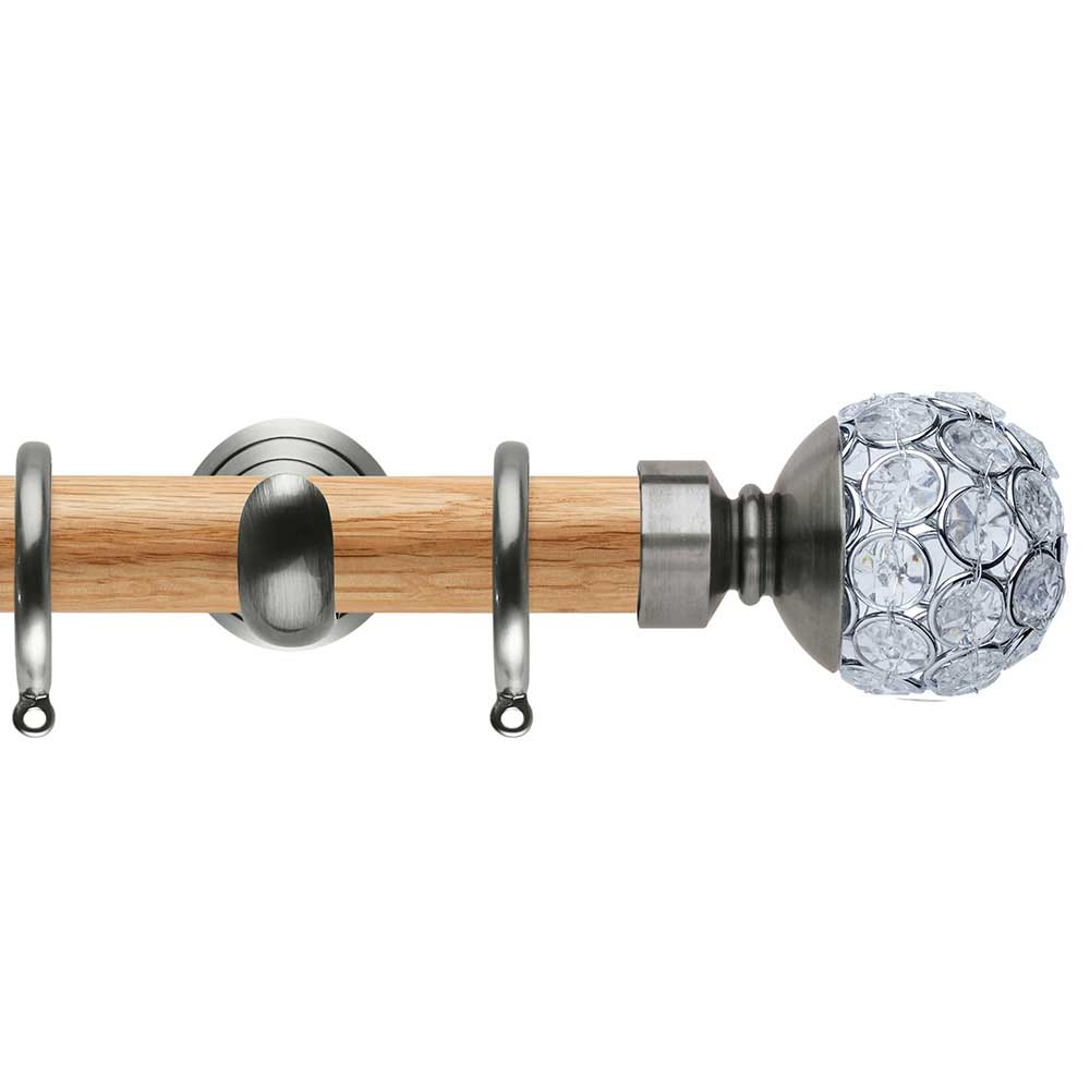 Hallis Neo Oak Jewelled Ball Stainless Steel Curtain Pole Set in Solid Oak