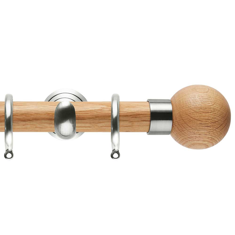 Hallis Neo Oak Ball Stainless Steel Curtain Pole Set in Solid Oak