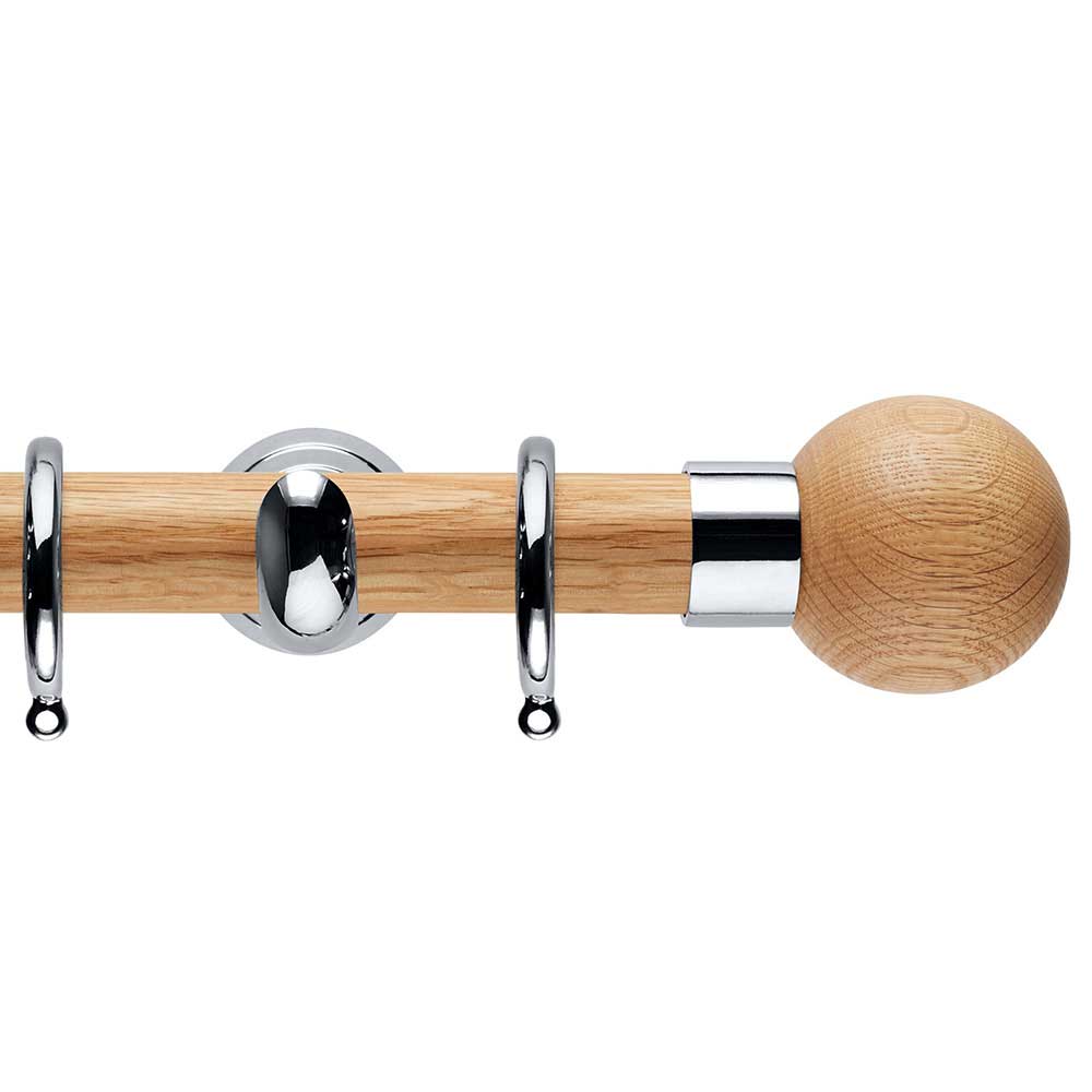 Hallis Neo Oak Ball Chrome Curtain Pole Set in Solid Oak