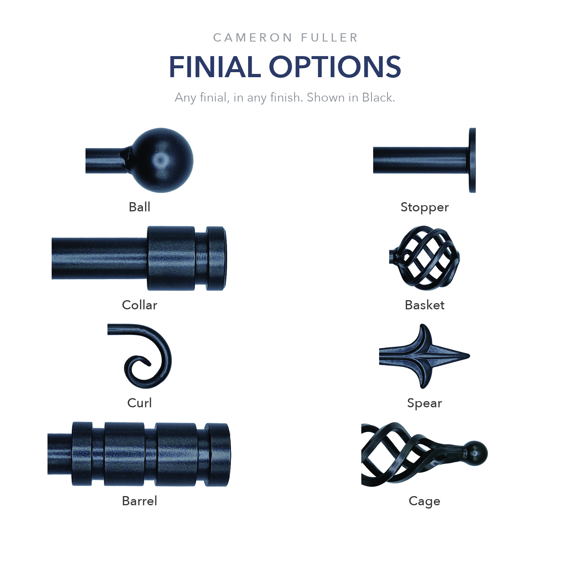 Cameron Fuller finial options: Ball, Stopper, Collar, Basket, Curl, Spear, Barrel and Cage