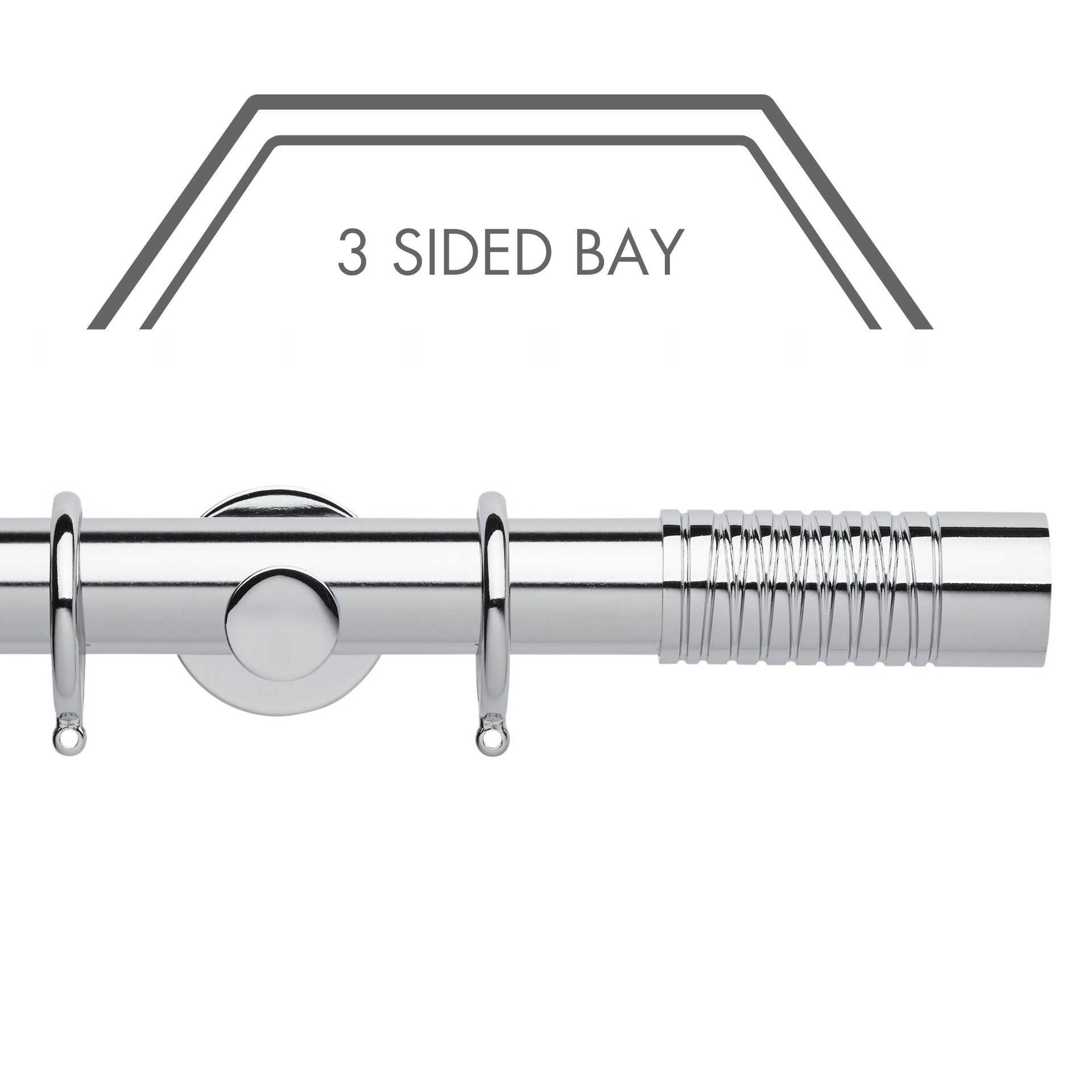 Hallis Neo Chrome Wired Barrel 3-Sided Bay Window Curtain Pole Set shown in 35mm