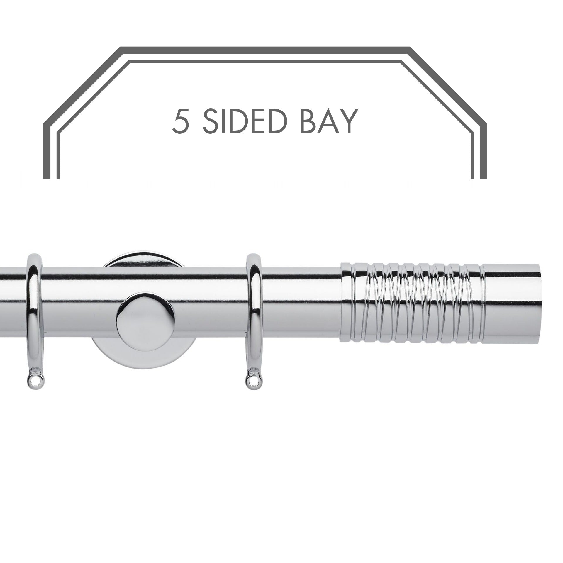 Hallis Neo Chrome Wired Barrel 5-Sided Bay Window Curtain Pole Set shown in 35mm