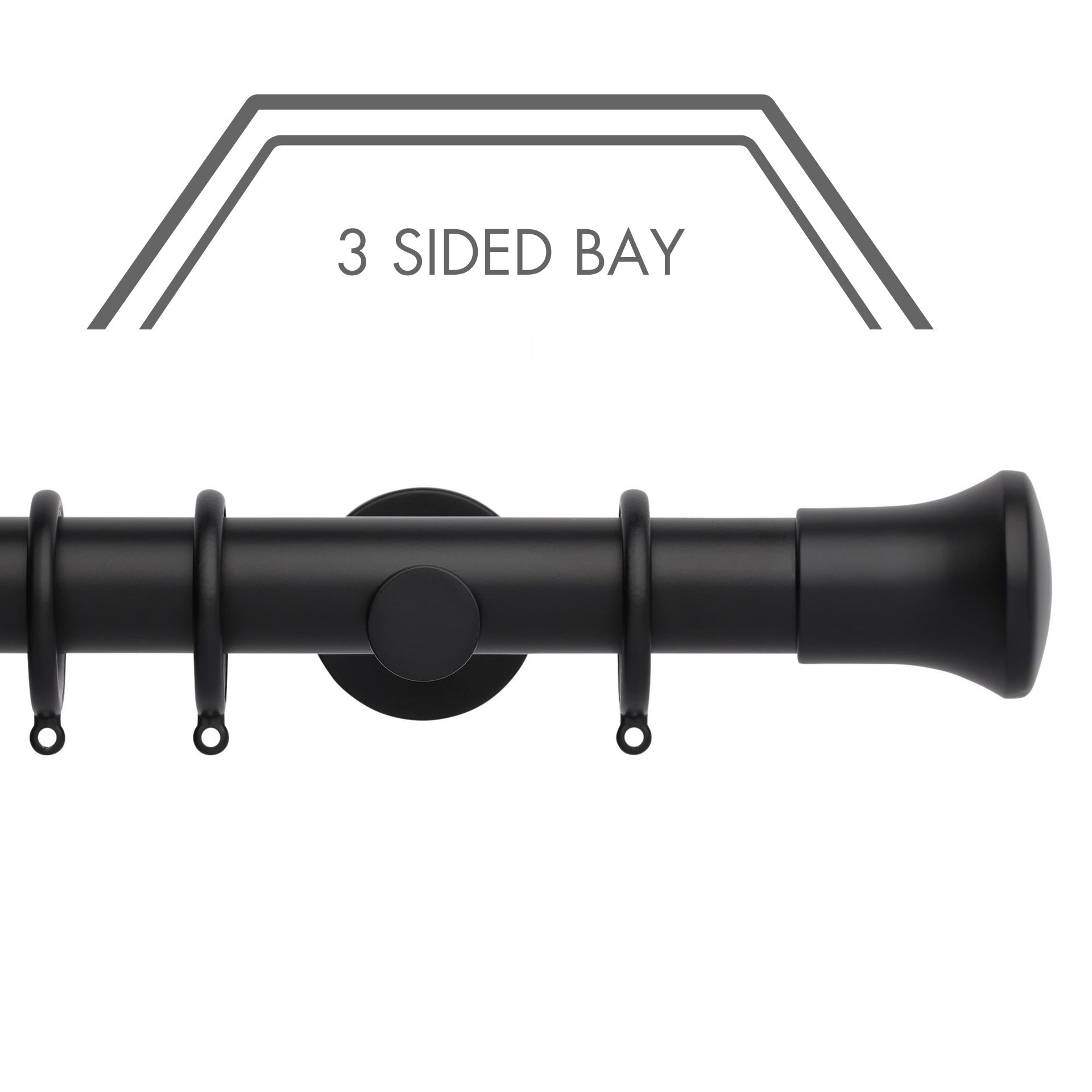 Hallis Neo Matt Black Trumpet 3-Sided Bay Window Curtain Pole Set shown in 35mm