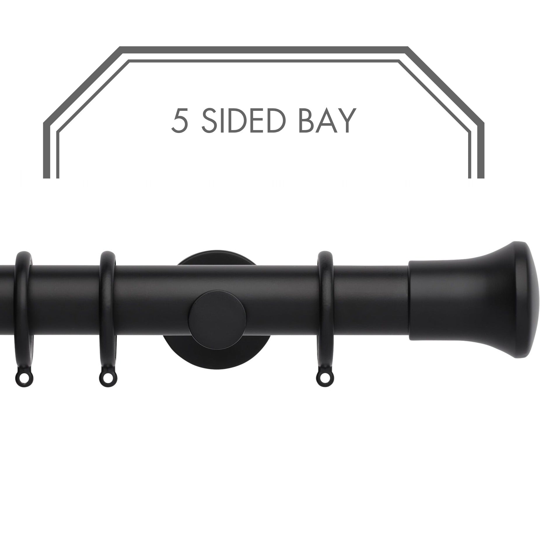 Hallis Neo Matt Black Trumpet 5-Sided Bay Window Curtain Pole Set shown in 35mm