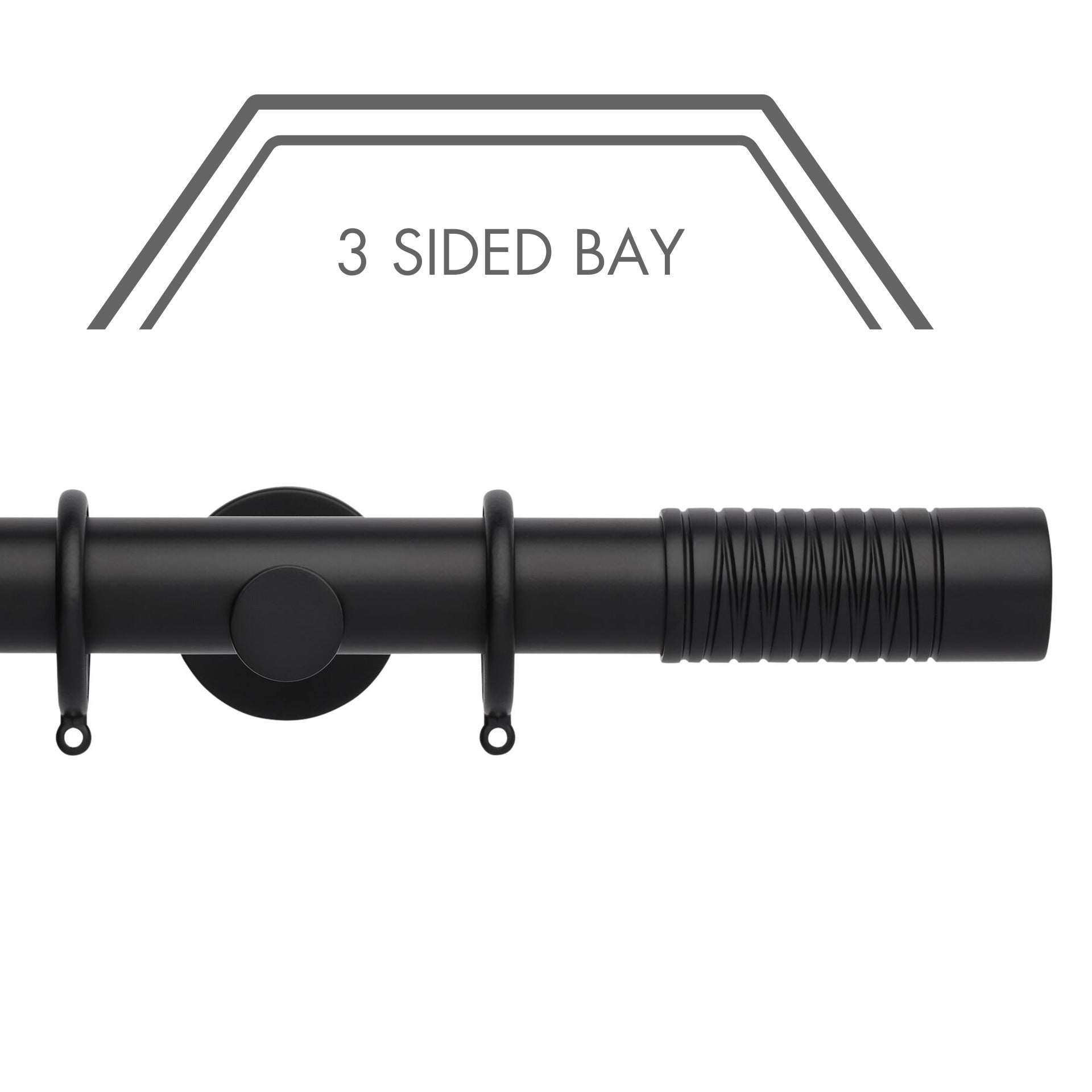 Hallis Neo Matt Black Wired Barrel 3-Sided Bay Window Curtain Pole Set shown in 35mm