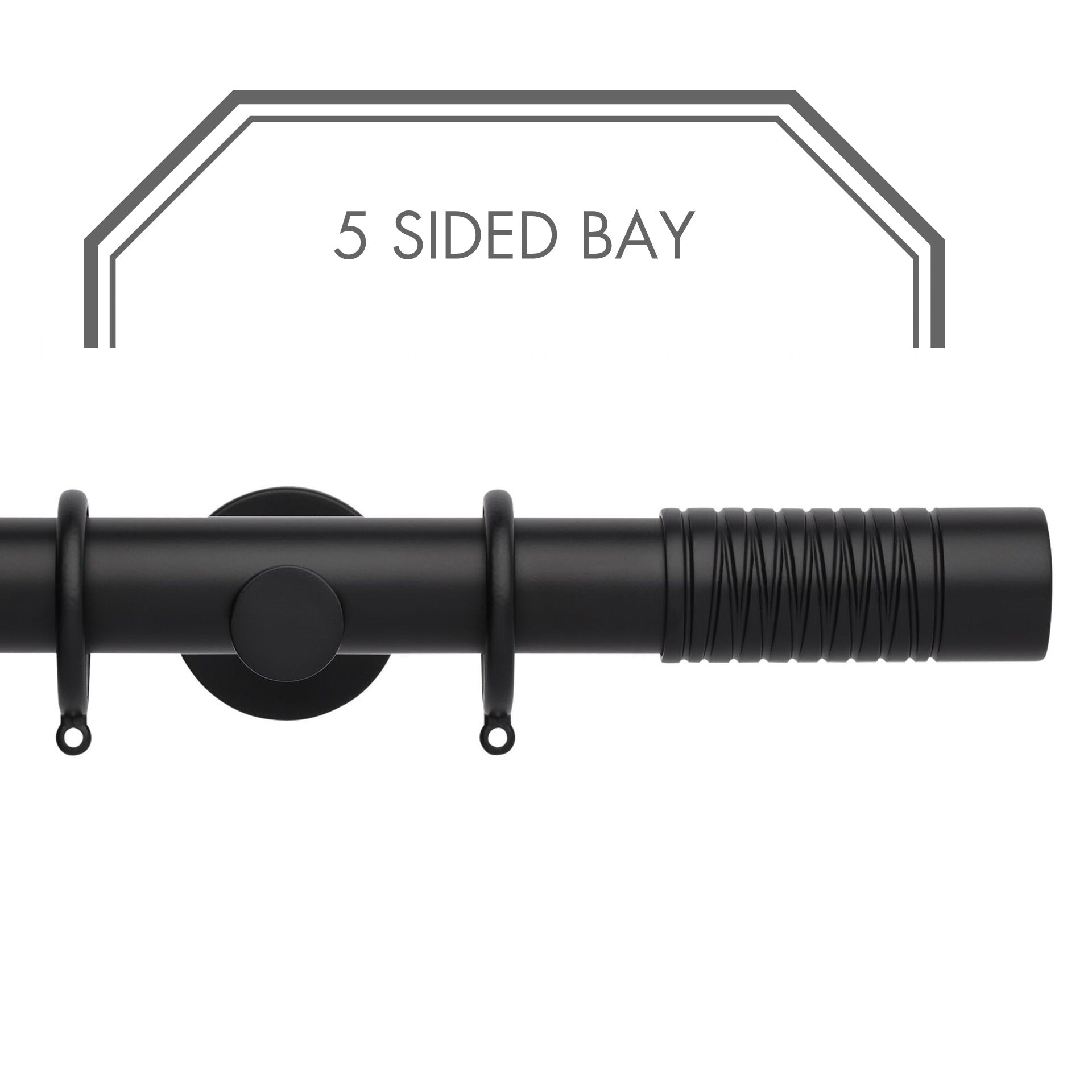 Hallis Neo Matt Black Wired Barrel 5-Sided Bay Window Curtain Pole Set shown in 35mm