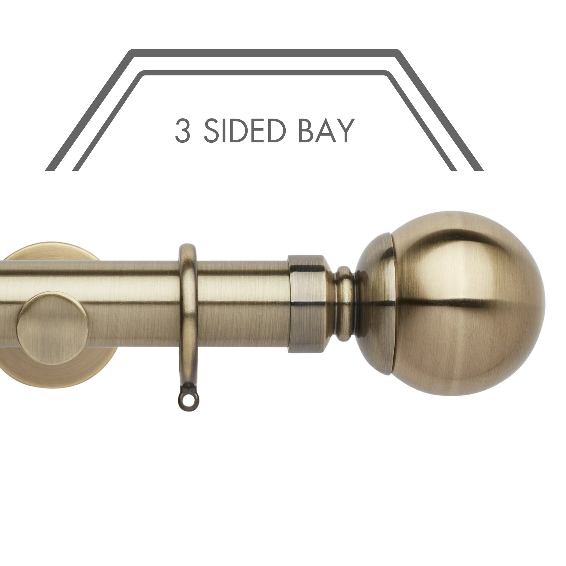 Hallis Neo Spun Brass Ball 3-Sided Bay Window Curtain Pole Set shown in 35mm