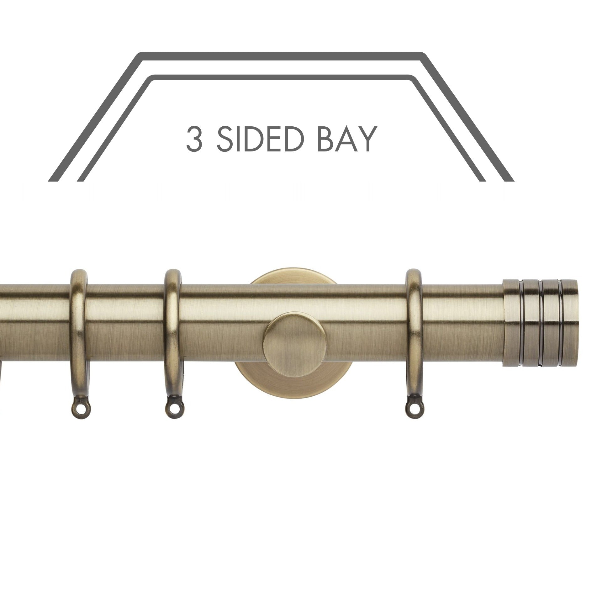 Hallis Neo Spun Brass Stud 3-Sided Bay Window Curtain Pole Set shown in 35mm
