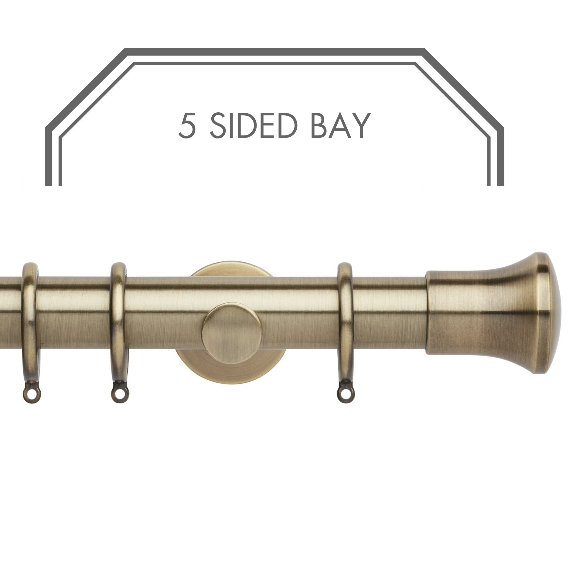 Hallis Neo Spun Brass Trumpet 5-Sided Bay Window Curtain Pole Set shown in 35mm