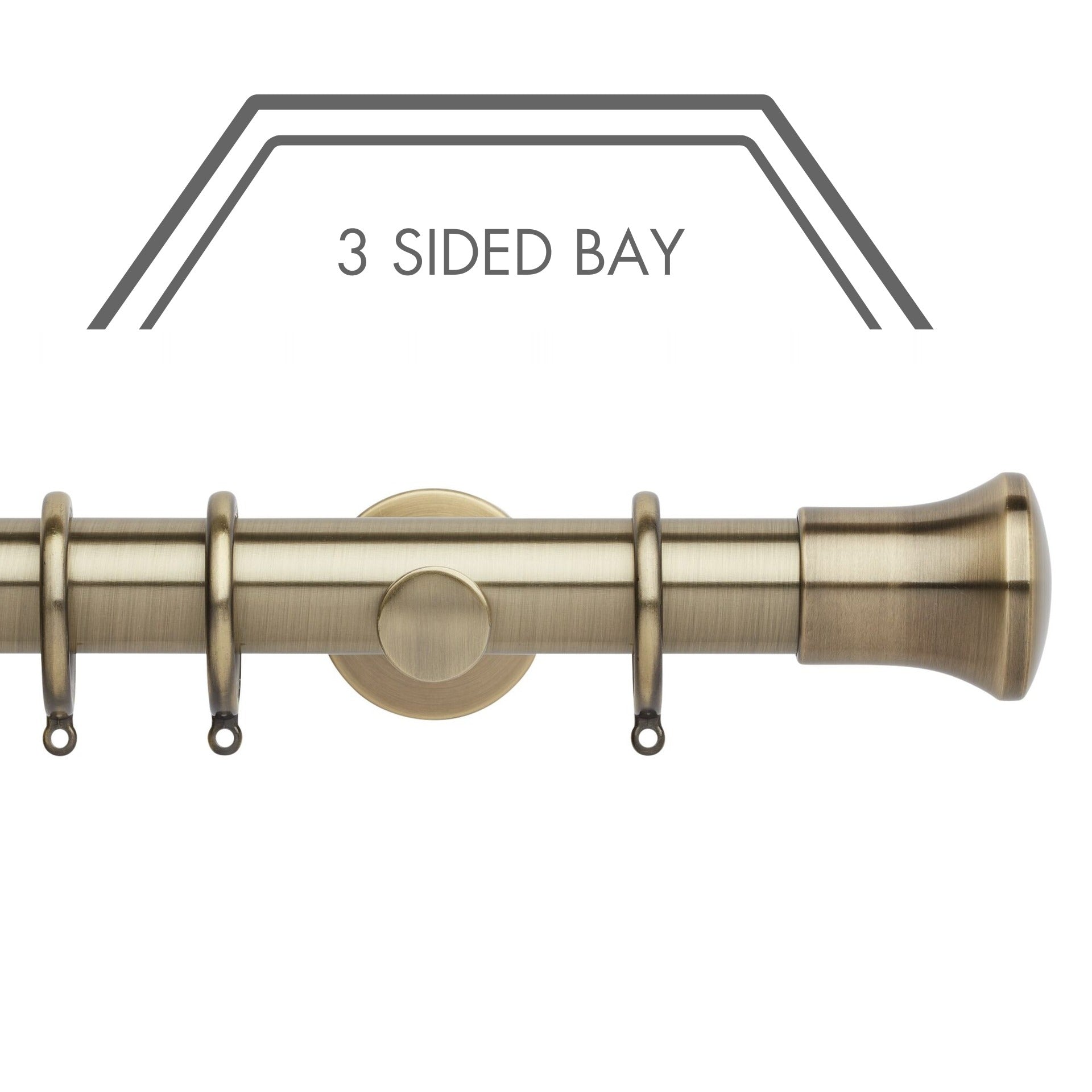 Hallis Neo Spun Brass Trumpet 3-Sided Bay Window Curtain Pole Set shown in 35mm