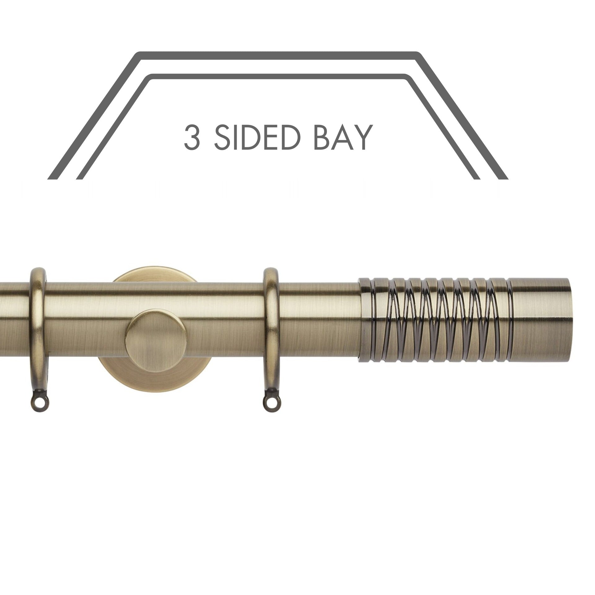 Hallis Neo Spun Brass Wired Barrel 3-Sided Bay Window Curtain Pole Set shown in 35mm