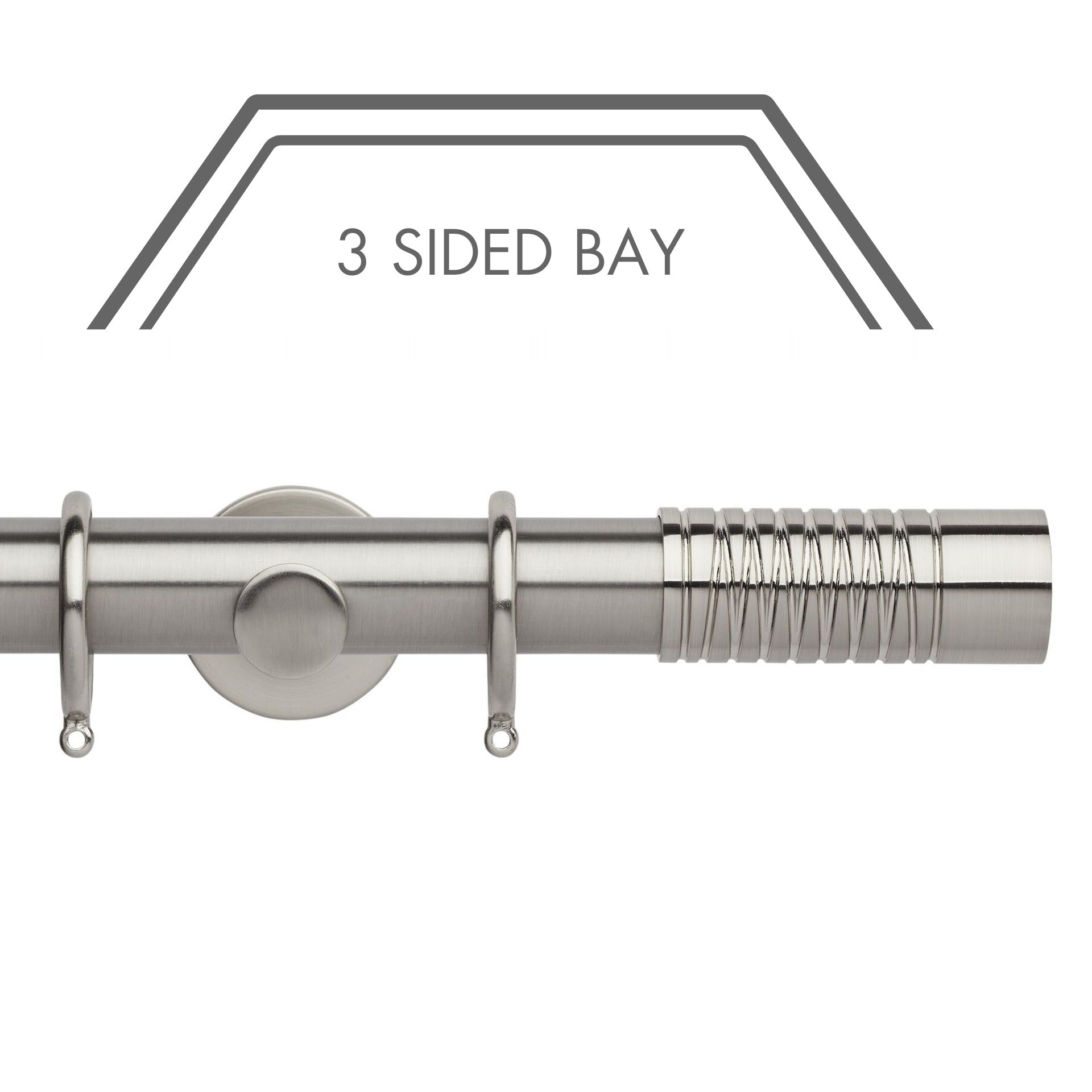 Hallis Neo Stainless Steel Wired Barrel 3-Sided Bay Window Curtain Pole Set shown in 35mm