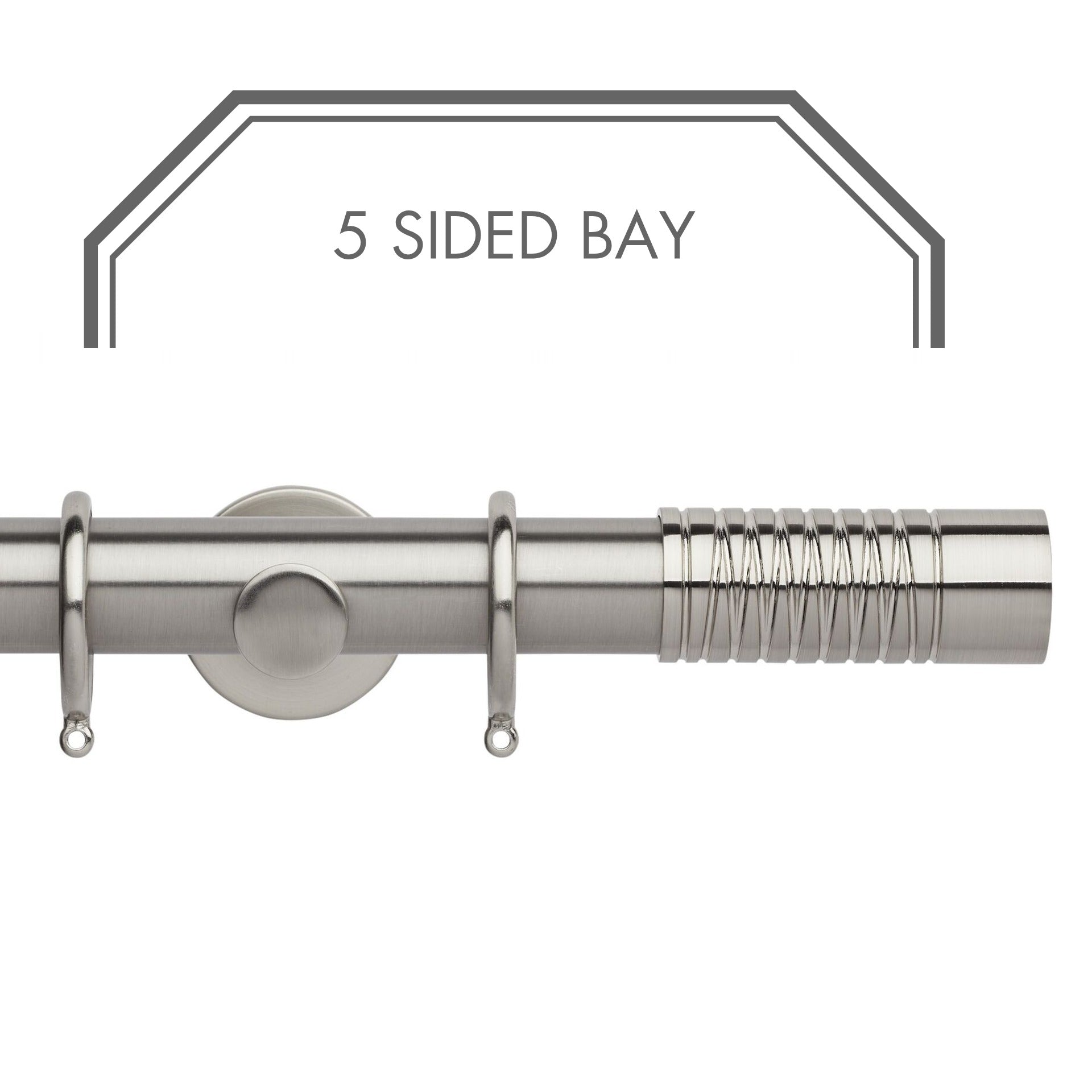Hallis Neo Stainless Steel Wired Barrel 5-Sided Bay Window Curtain Pole Set shown in 35mm