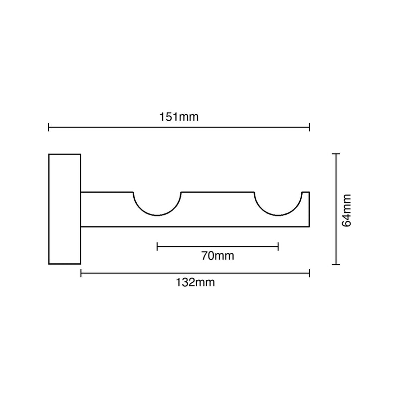 Neo 28mm/28mm double bracket dimensions: 151mm projection, 132mm arm, 64mm tall, poles 70mm apart