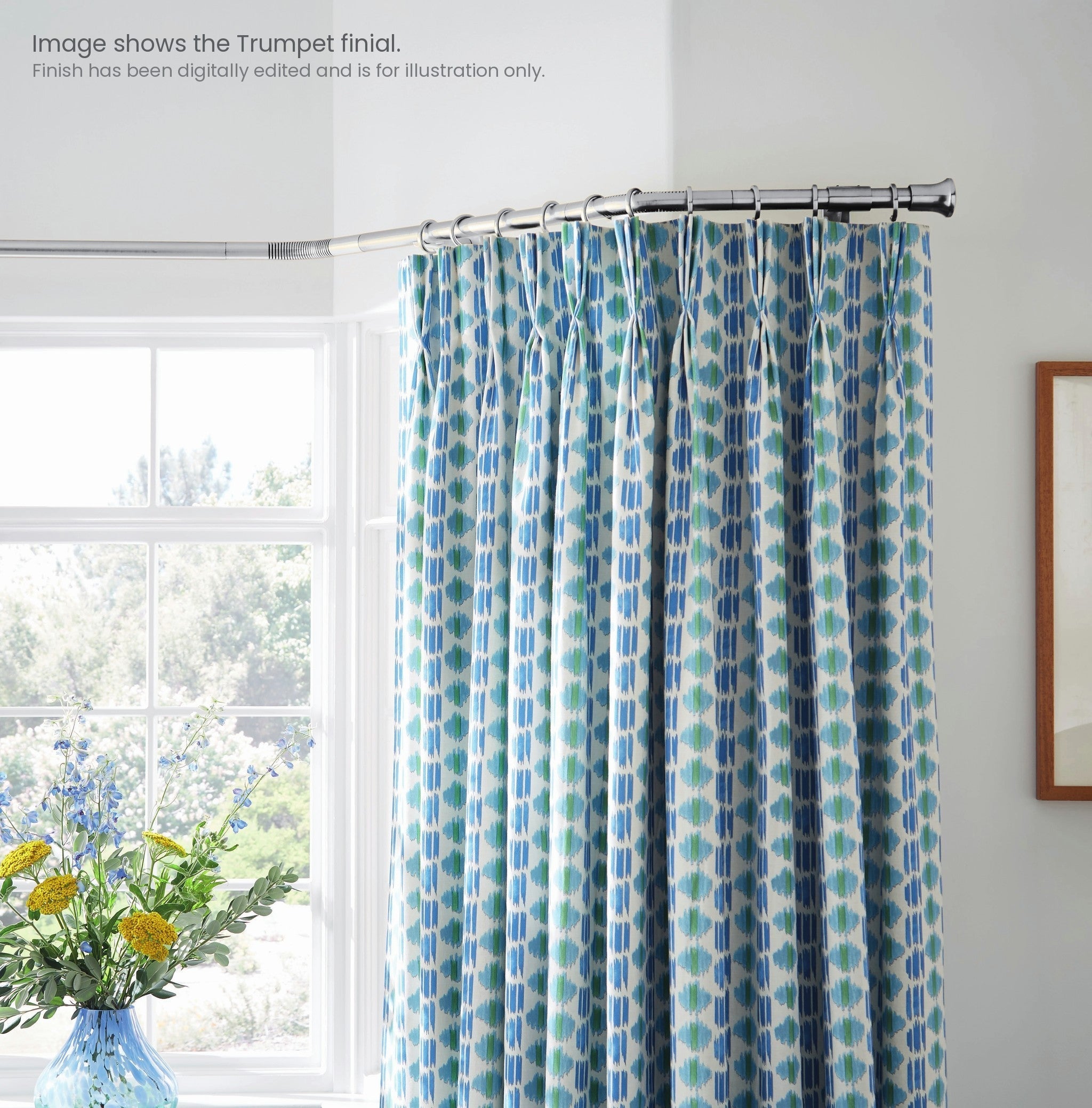 Hallis Neo bay window pole shown in situ. Image shows the Trumpet finial; finish digitally edited for illustration.