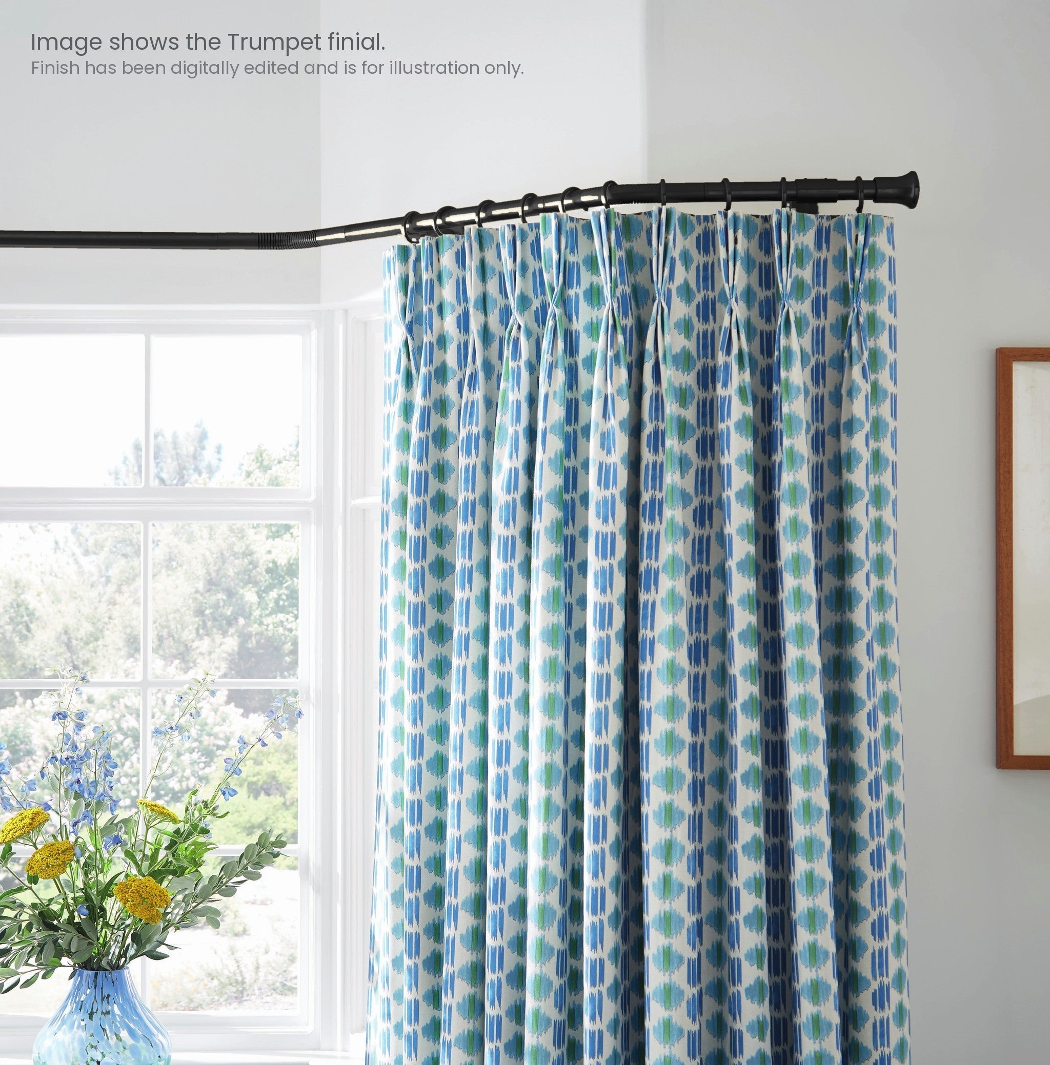 Hallis Neo bay window pole shown in situ. Image shows the Trumpet finial; finish digitally edited for illustration.