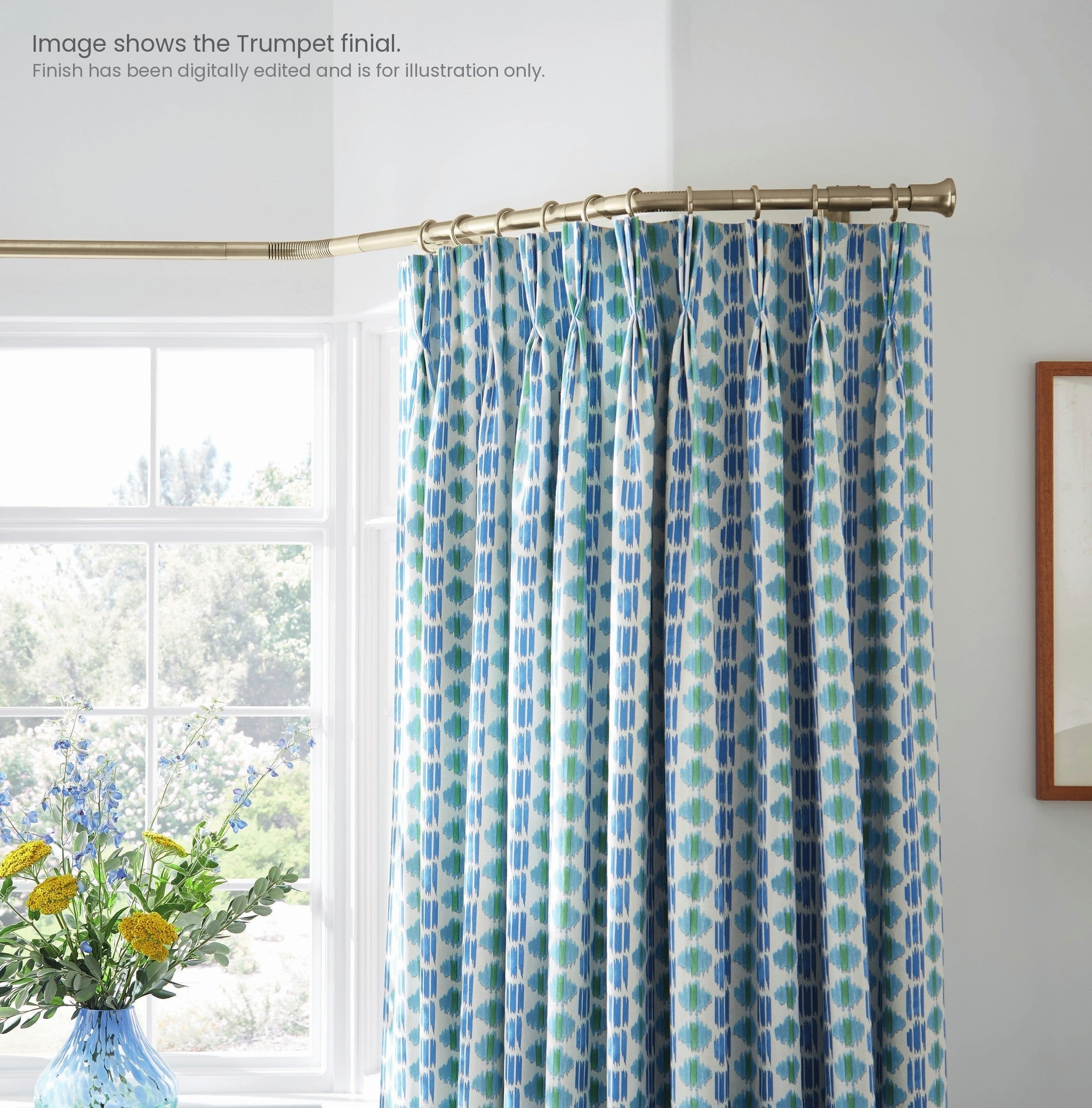 Hallis Neo bay window pole shown in situ. Image shows the Trumpet finial; finish digitally edited for illustration.
