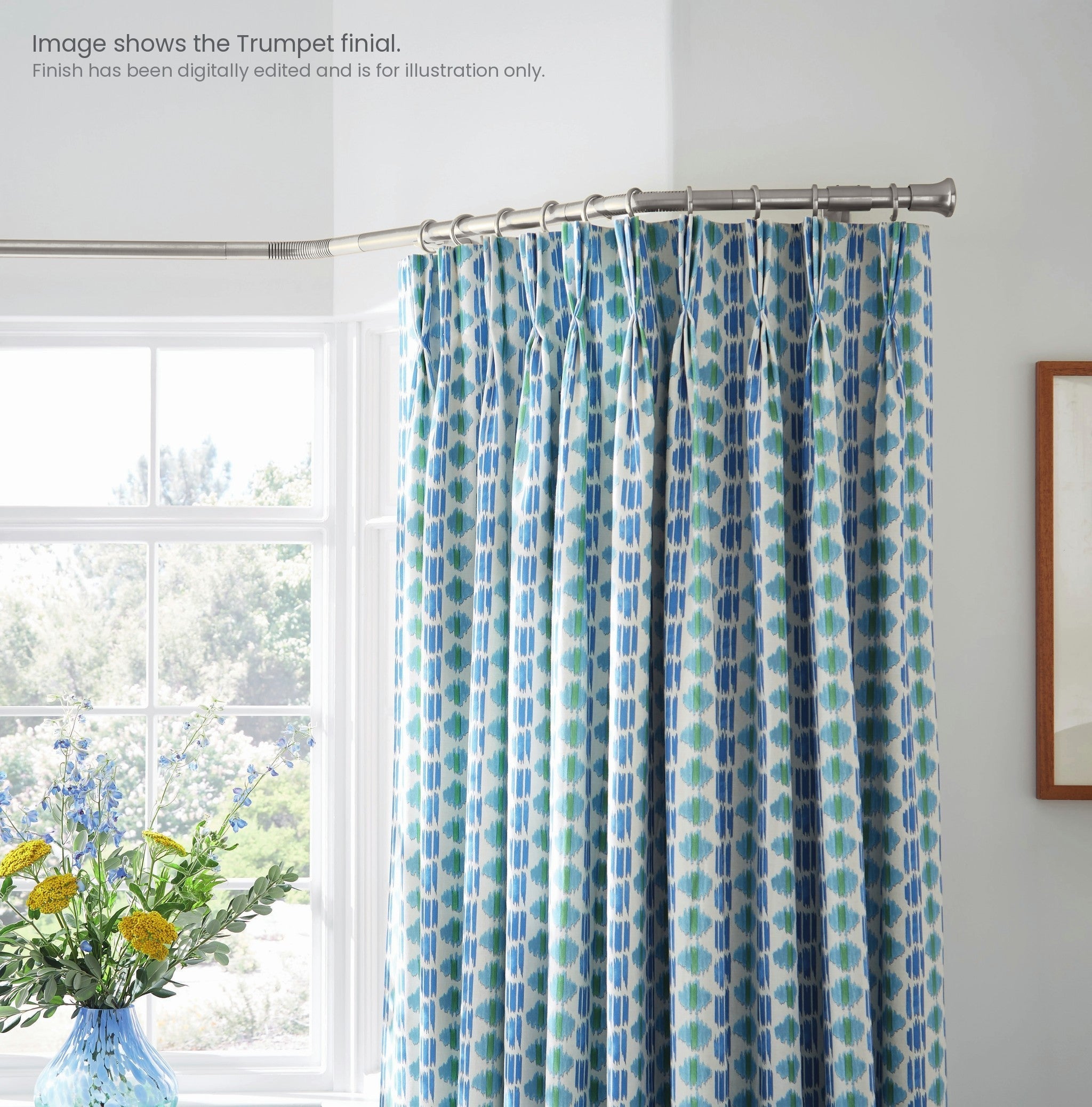Hallis Neo bay window pole shown in situ. Image shows the Trumpet finial; finish digitally edited for illustration.