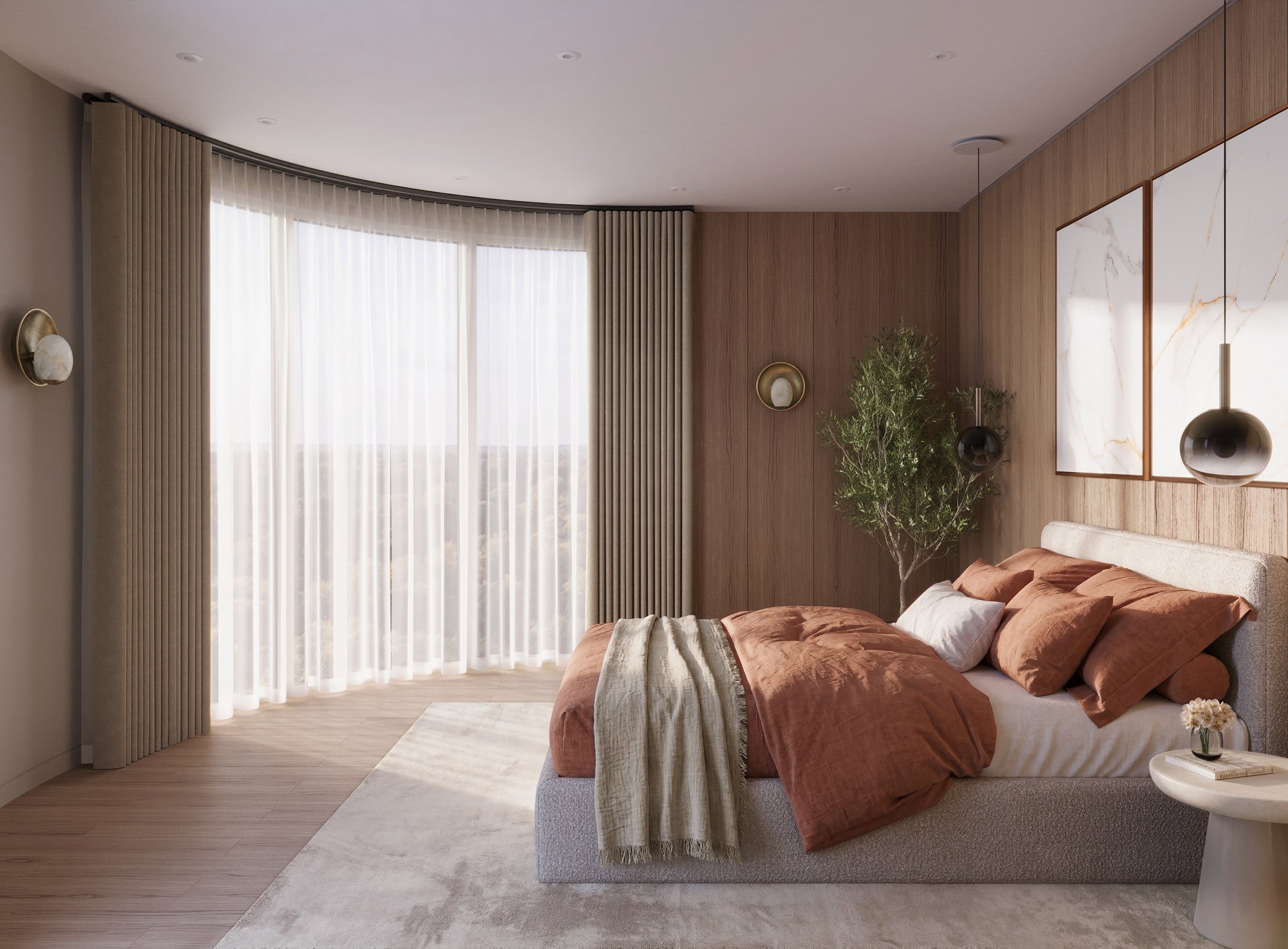 Motorised Metropole with Wave curtains in a curved bedroom bay